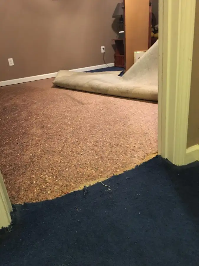 Carpet pad removal revealing water damage during Water Mitigation Services in Kennesaw